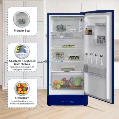 Voltas Beko 183 L Direct Cool Single Door 4 Star Refrigerator with Base Drawer (Dahlia Blue, RDC215B / W0DBR0M0B00GO) Voltas Beko 183 L Direct Cool Single Door 4 Star Refrigerator with Base Drawer (Dahlia Blue, RDC215B / W0DBR0M0B00GO)